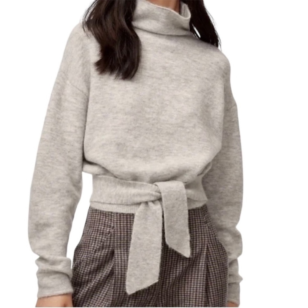 Aritzia Wilfred Lorin Turtleneck Knit Tie Front Grey Alpaca Wool Sweater